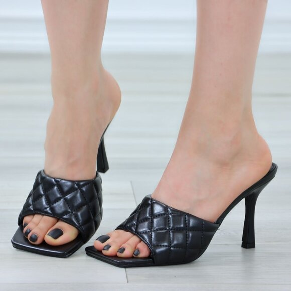 Square Open Toe High Heel Sandal Black Heeled Quilted Slip On Mule - Picture 4 of 13